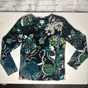 Chico’s Shirt 0 Black Green Blue Geometric Flower Whimsigoth Blouse Long Sleeve
